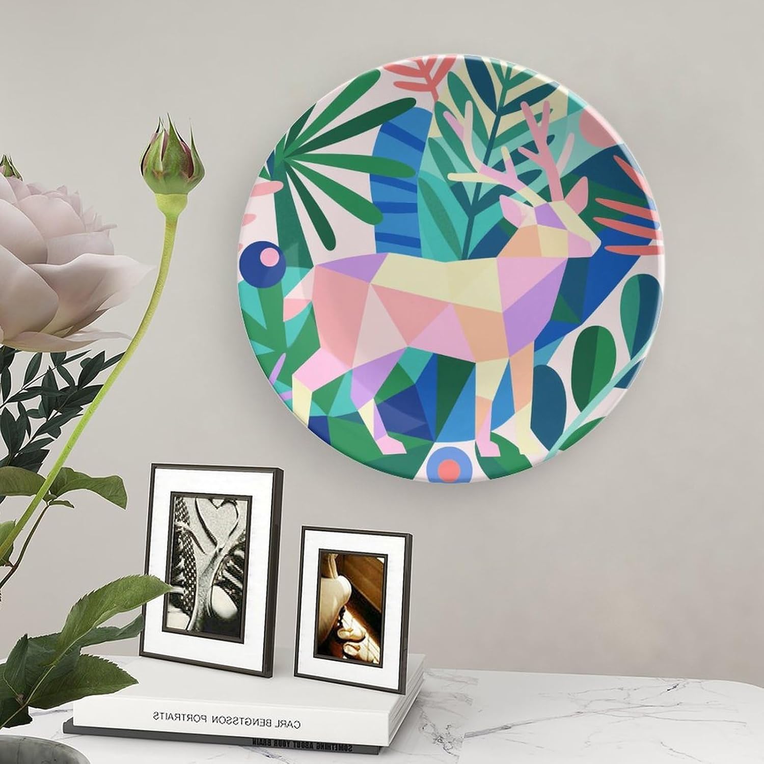 Geometric Animal Texture Decorative Plates Bone China Plates with Stand for Display 8inch Round Ceramic Dinner Plates Dessert Plate for Kitchen Party Coffee Table Decor Art