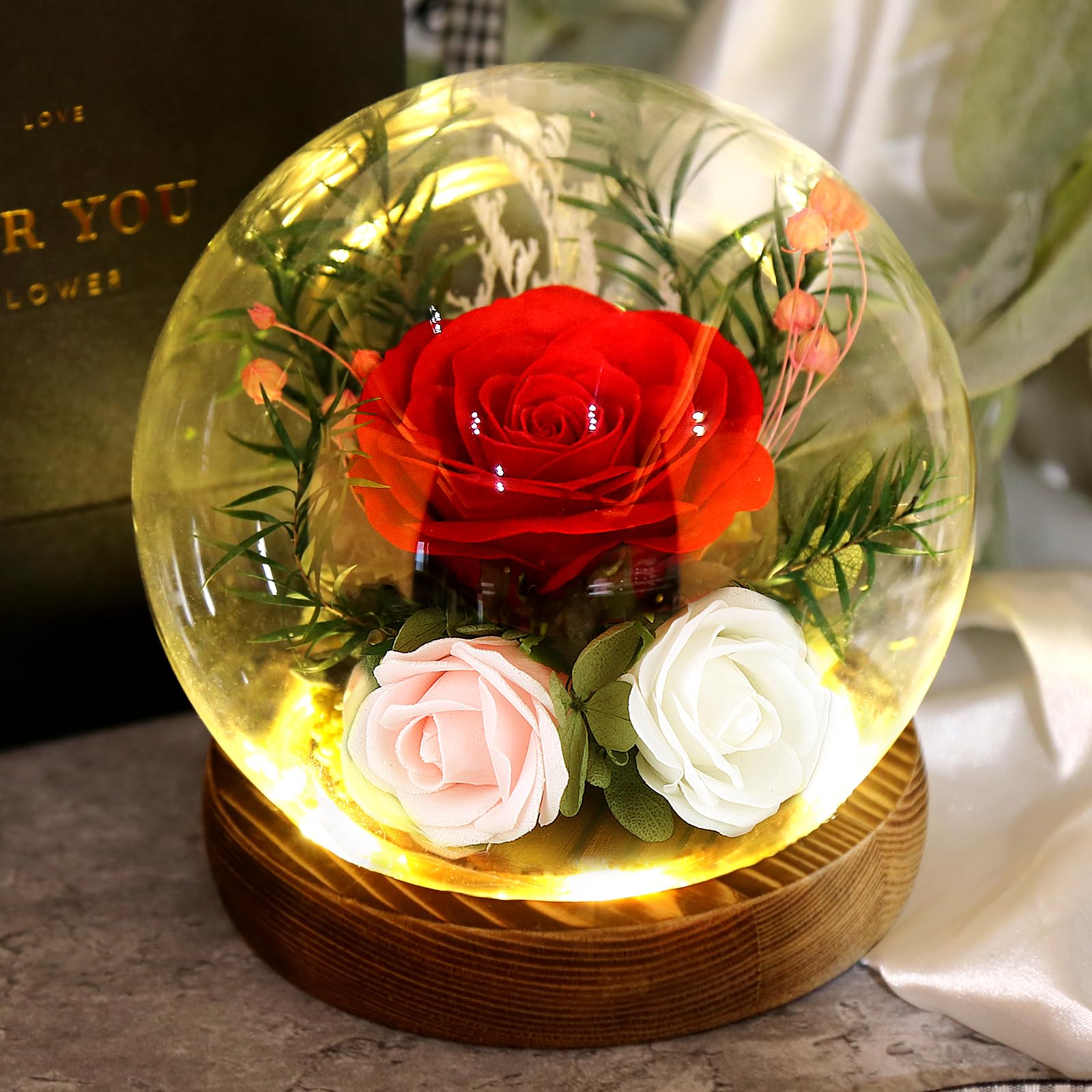 Rosa Eterna In Cupola Di Vetro Con Luci LED – Regalo Per Donna, Fiore Artificiale Colorato Per Compleanno, Festa Della Mamma, San Valentino