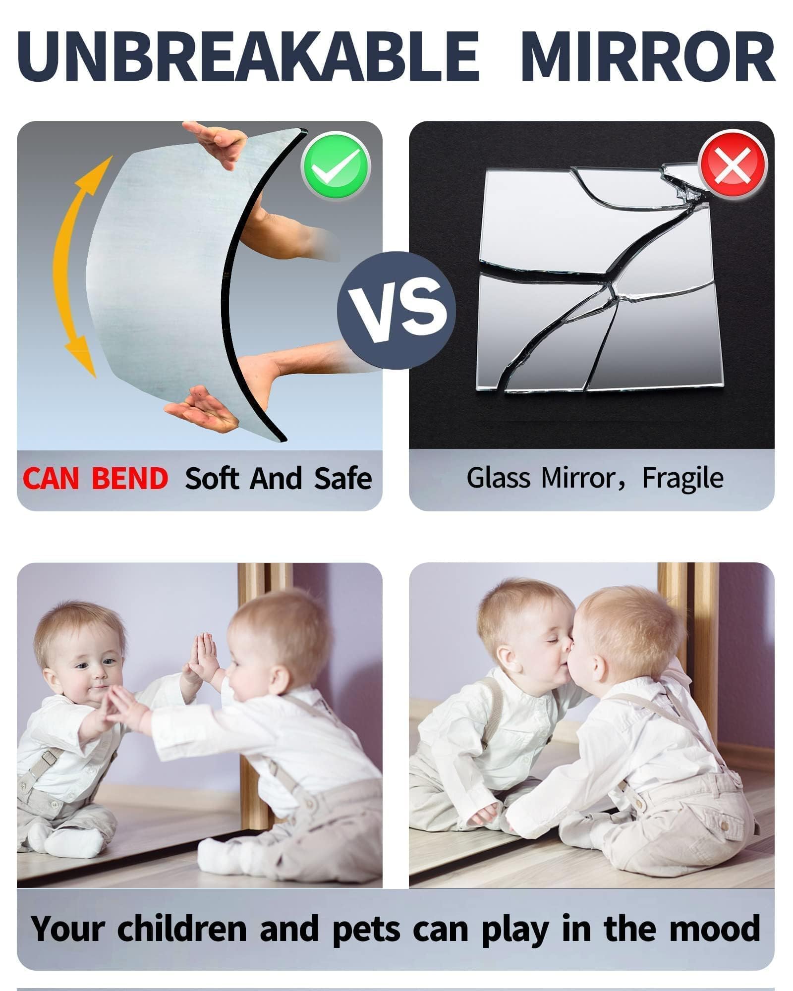 Kids Safety Shatterproof Mirror for Wall, Mirror Tiles, Made of Unbreakable Acrylic, Thick 0.12",4 Pack 12"x16", Bedroom Door Closet Mirrors, Plexiglass, Living Room Mirrors, Glassless Mirro for Kids 2