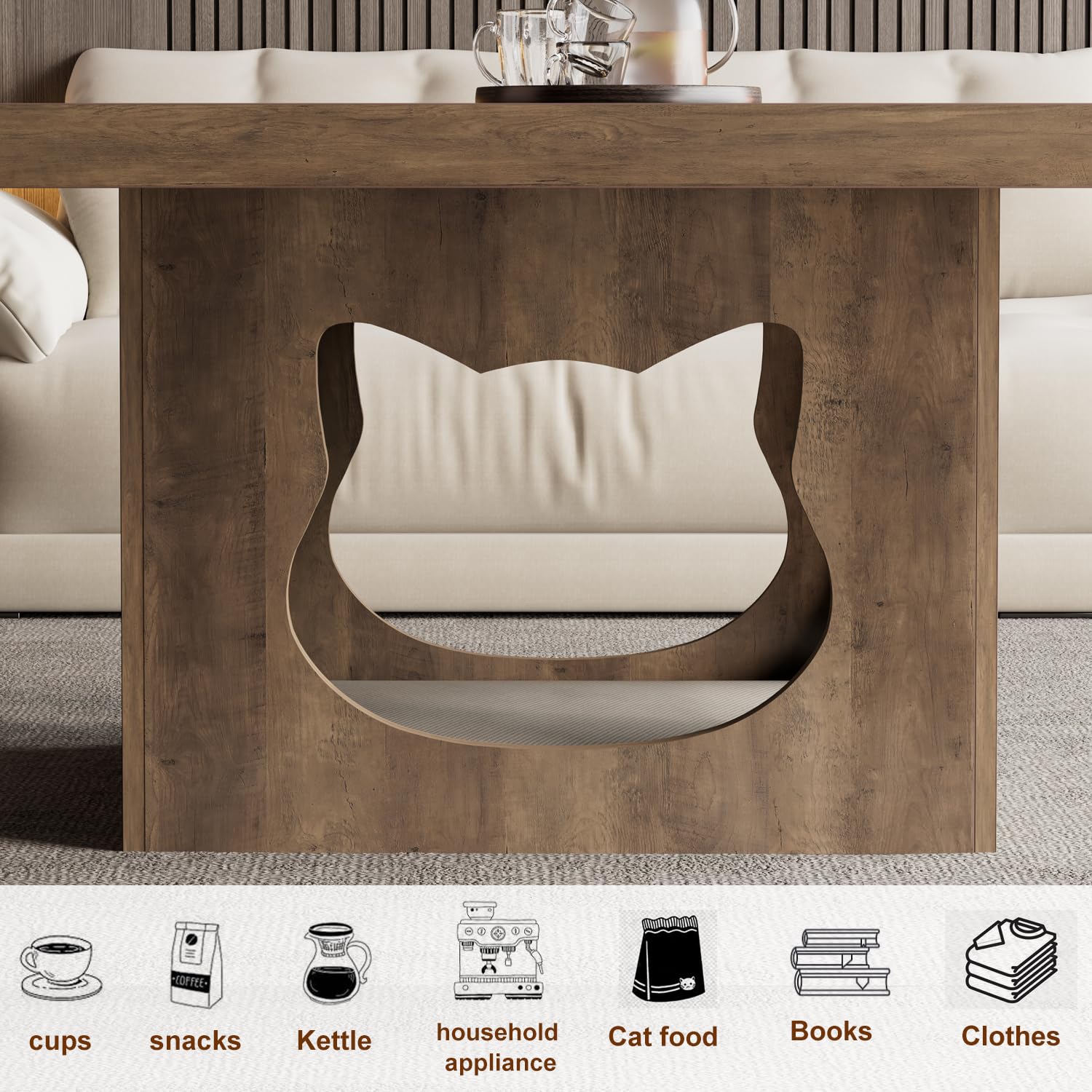 HSH Couchtisch Holz Wohnzimmertisch Sofatisch Beistelltisch Couchtisch mit Katzenhaus Kissen Industrieller Quadratischer Tish Rustikal Eiche 90 cm