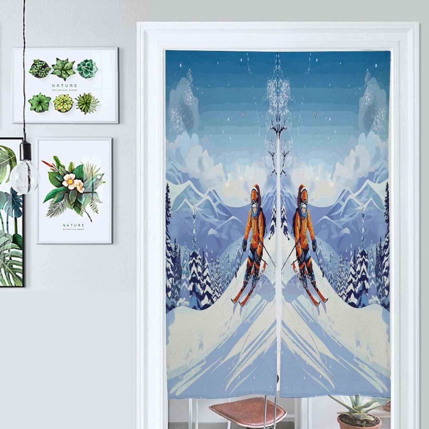 Winter Skiing Door Curtain Printed Doorway Noren Japanese Style Doorway Room Divider Curtains for Privacy Partition Divider Kitchen Home Decorations Wall Hanging