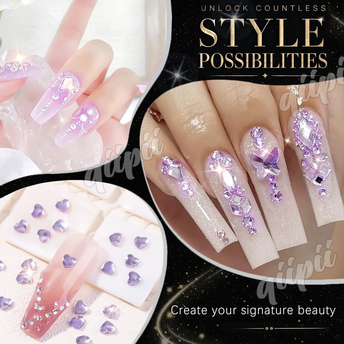 qiipii Amethyst Purple Nail Rhinestones Multi Shapes Flatback Gems Diamonds image 5