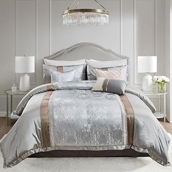 SahSahCasa 7-Piece Luxury Queen Comforter Set, Bed in a Bag Queen, Jacquard Silky Fluffy Comforter Bedding Set with Bed Skirt, Decorative Pillows, Soft Reversible, Down-Alternative, Silver Gray