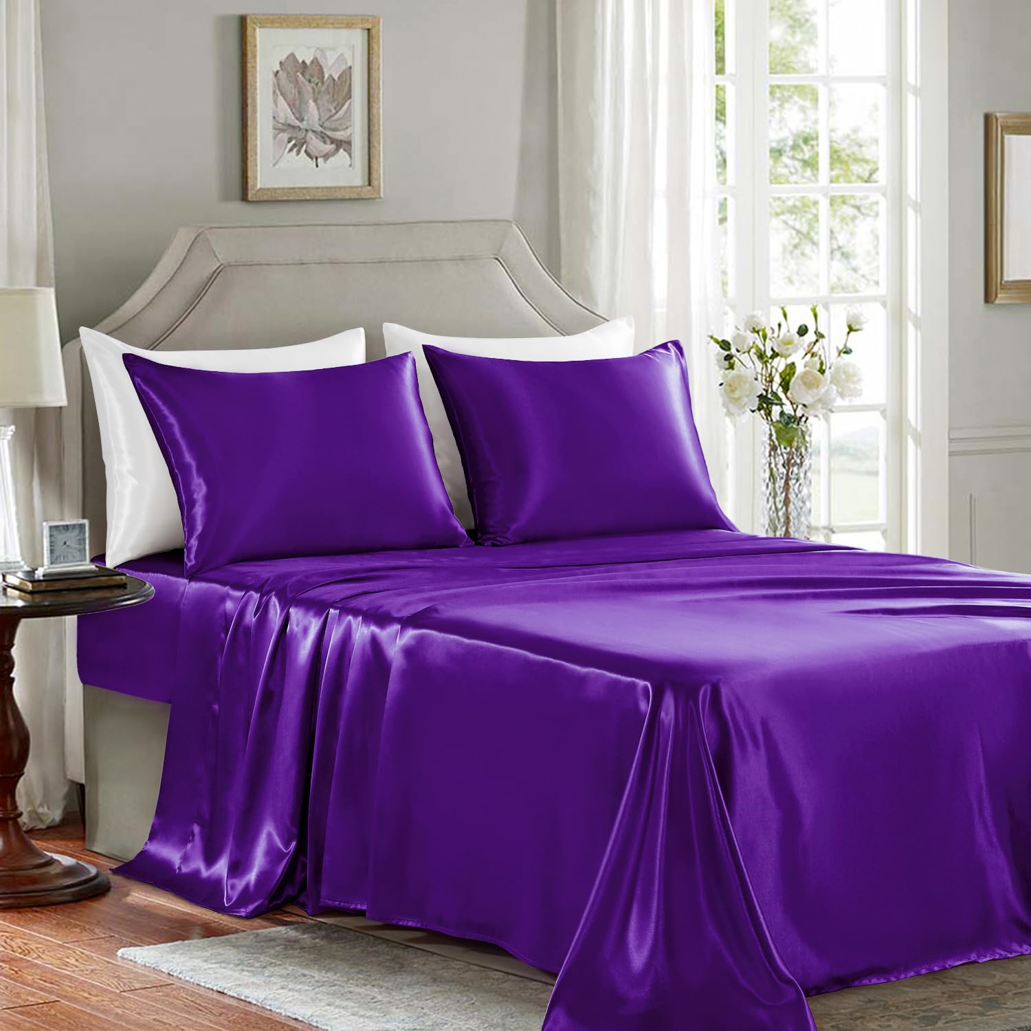 GOLAL Satin Sheets King Size, 4 Pieces Luxury Silky Soft Bed Sheets - Image 3