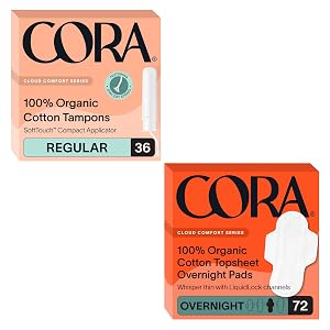 Cora Organic Feminine Care Applicator Tampon Multipack and Ultra Thin Overnight Pads with Wings Ultra-Absorbent Unscented Natural Non-Toxic