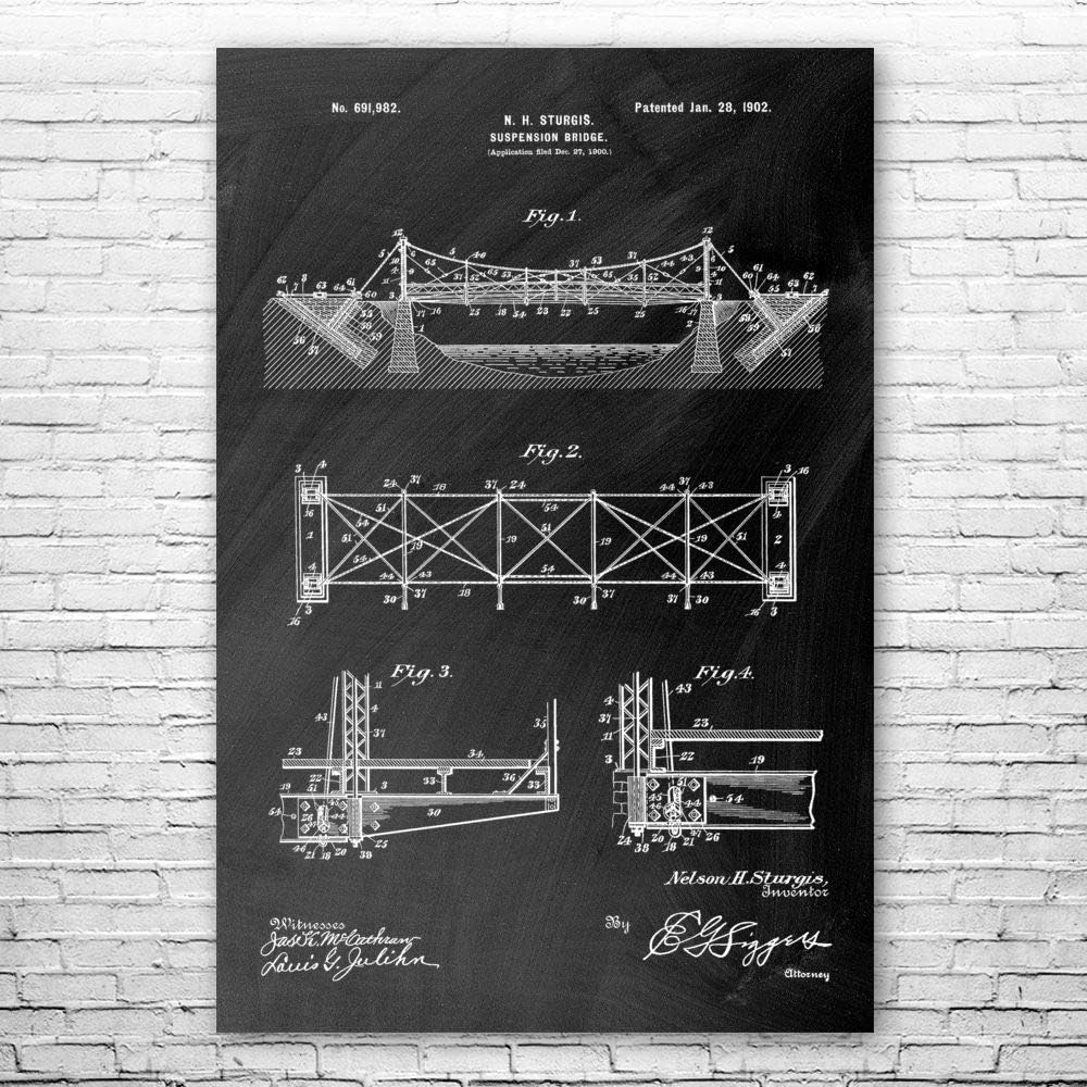 Suspension Bridge Poster Print, Structural Engineer, Architect Gift, Bridge Blueprint, Office Wall Art, Engineering Gift Vintage Paper (24 inch x 36 inch)