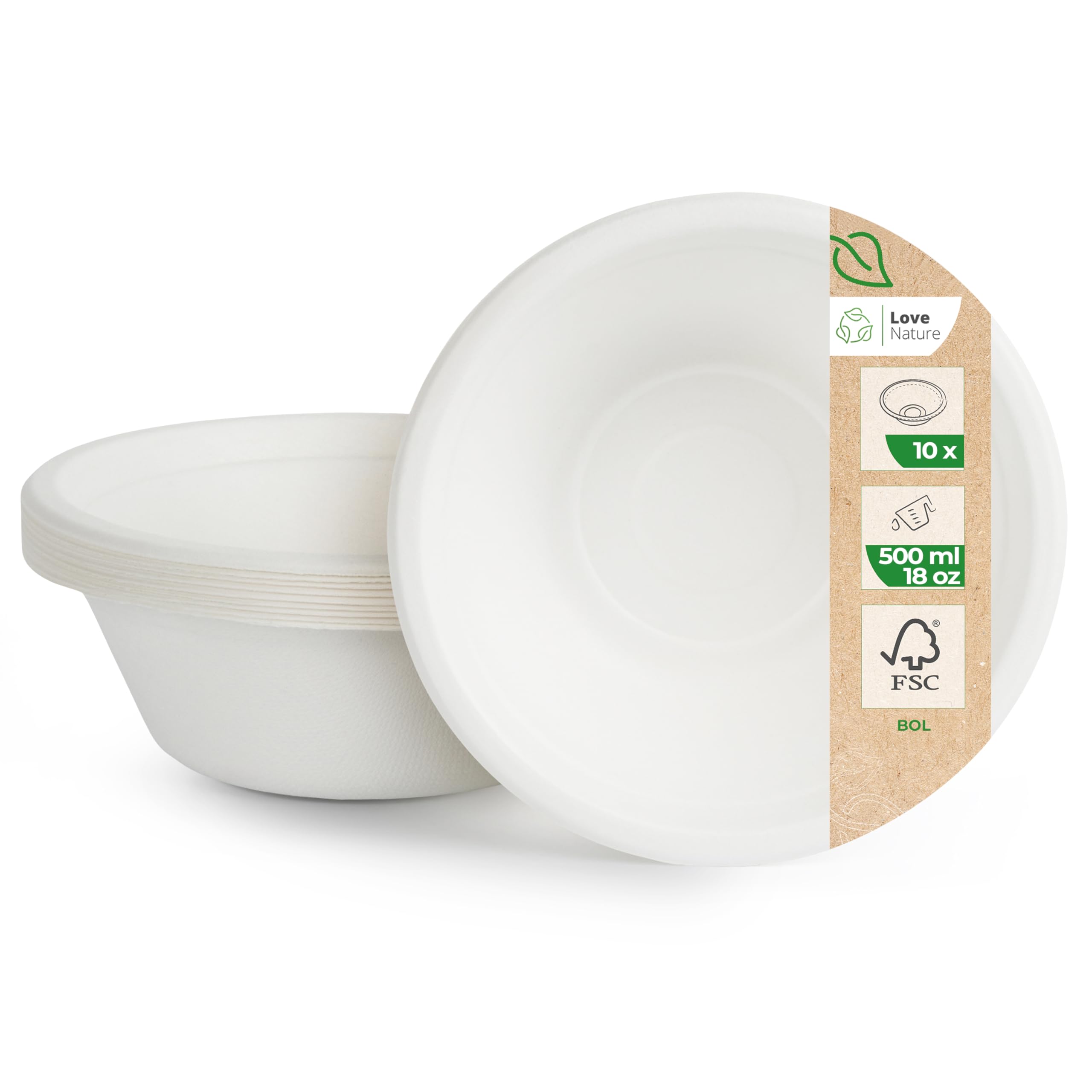 100 Bols Jetables 500ml Canne à Sucre - Vaisselle Écologique Biodégradable Love Nature