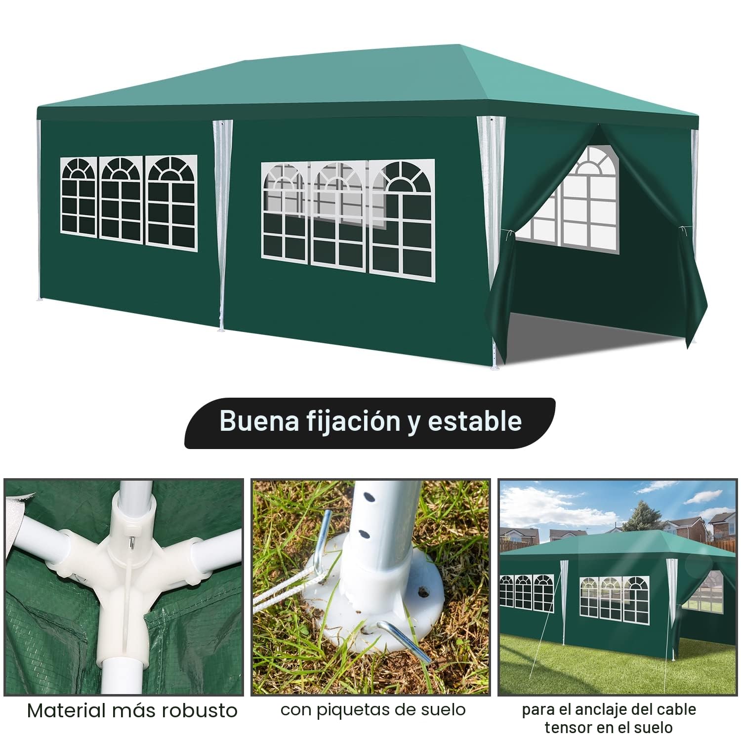 Daromigo Cenador impermeable de 3 x 6 m, color verde, para fiestas, protección UV, con paneles laterales y grandes ventanales, estable, resistente al invierno, para bodas, exteriores, jardín, fiestas
