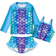 LQSZ Girls Rash Guard Sets Long Sleeves Swimsuit 3 Pieces Tankini Bathing Suit Swimwear for Girls 3-12 Years