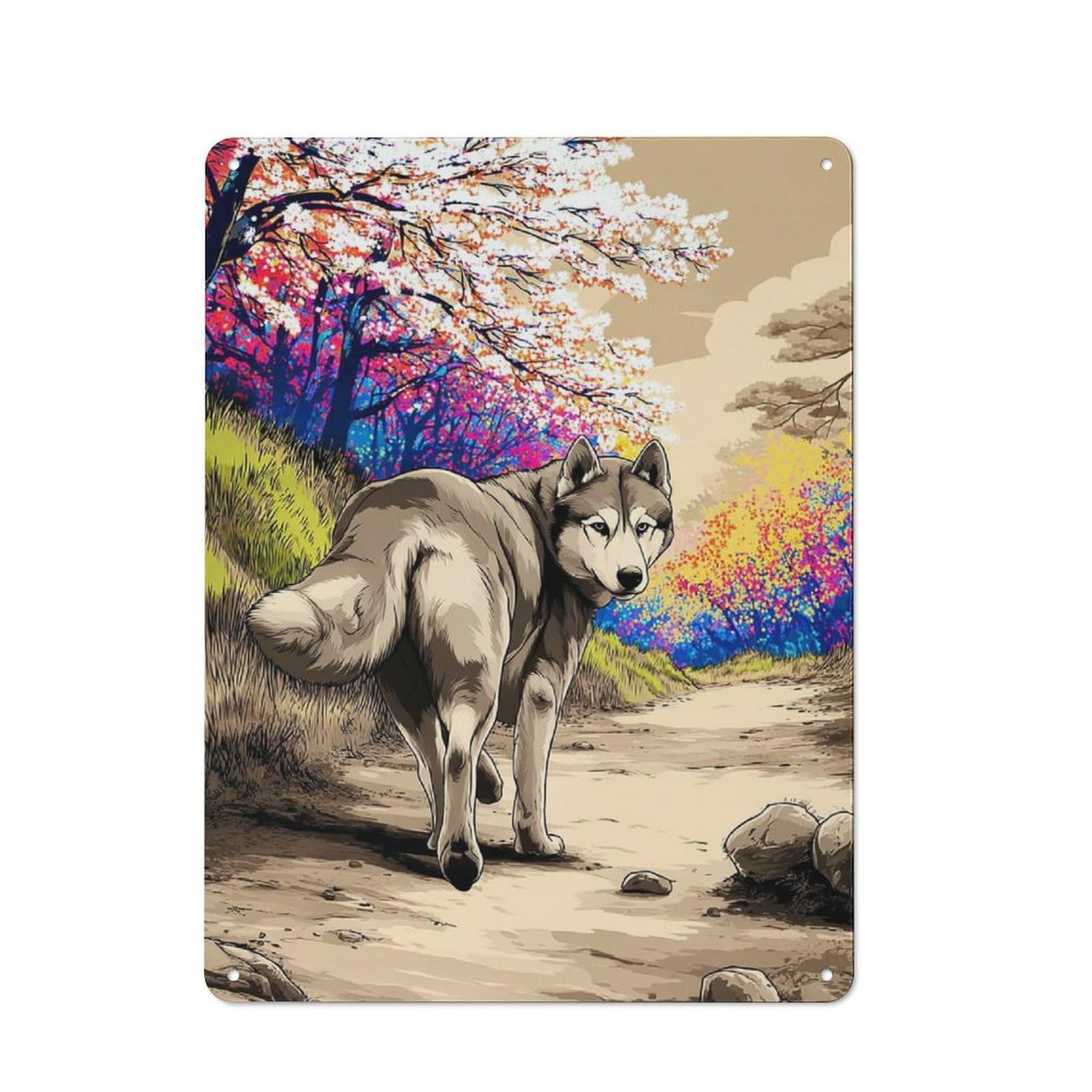 Junmoney Wolf In Colorful Forest Loft Style Metal Wall Decor 40X30cm, Decorative Metal Plaque For Loft, Studio, Office Or Creative Room