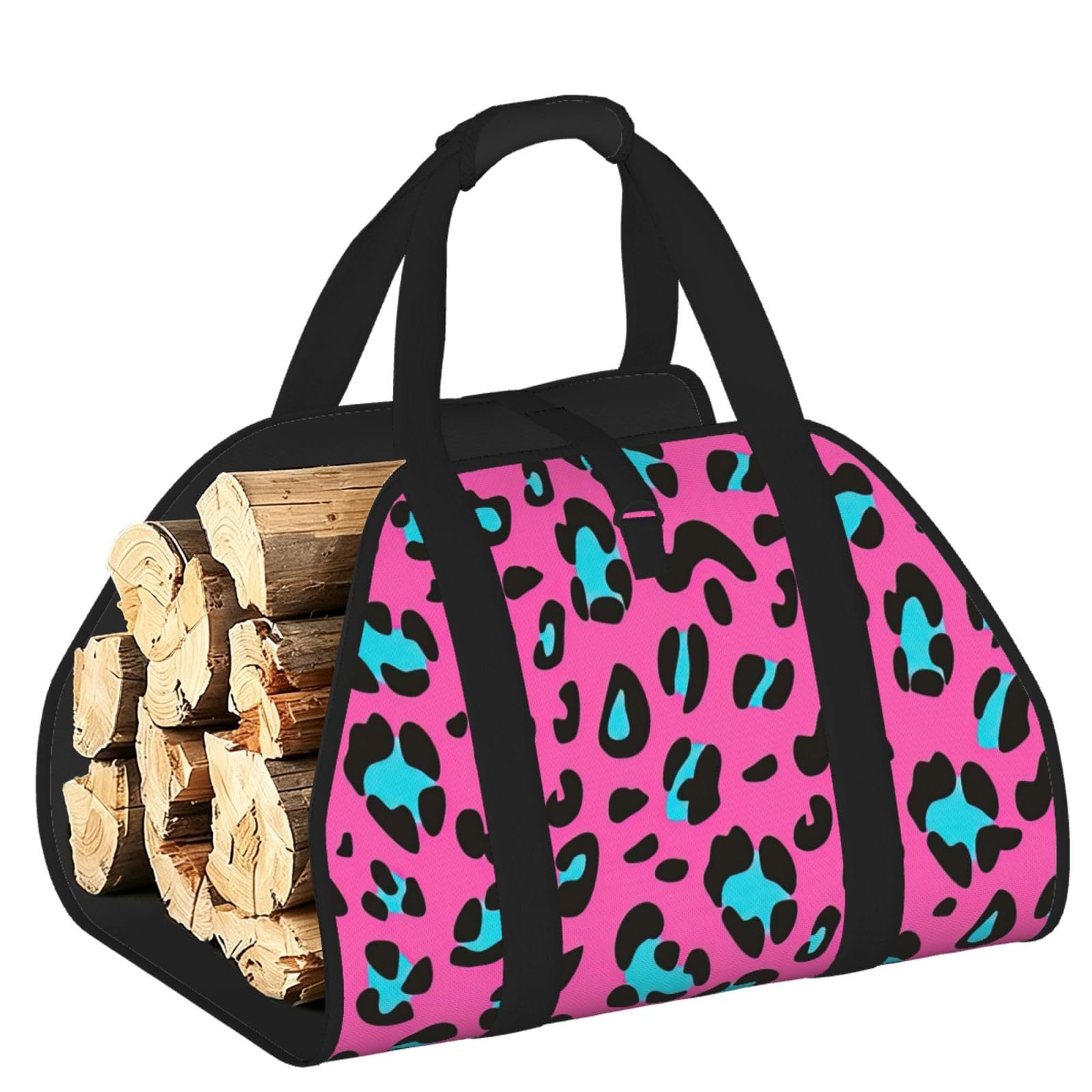 Ayyqwe Black Cute Leopard Print Firewood Bag Wood Waterproof Versatile Camping Picnic Storage Daily Home