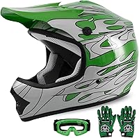 Vista 1 de Casco DOT para niños y jóvenes de motocross todoterreno, calle, bicicleta de tierra, casco de motocicleta, ATV, con gafas y guantes, llama verde S