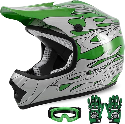 Miniatura 22 de XFMT - Juego de casco DOT con gafas y guantes para motocross, cuatrimoto y vehículos todoterreno para niños y jóvenes, diseño de calavera azul,