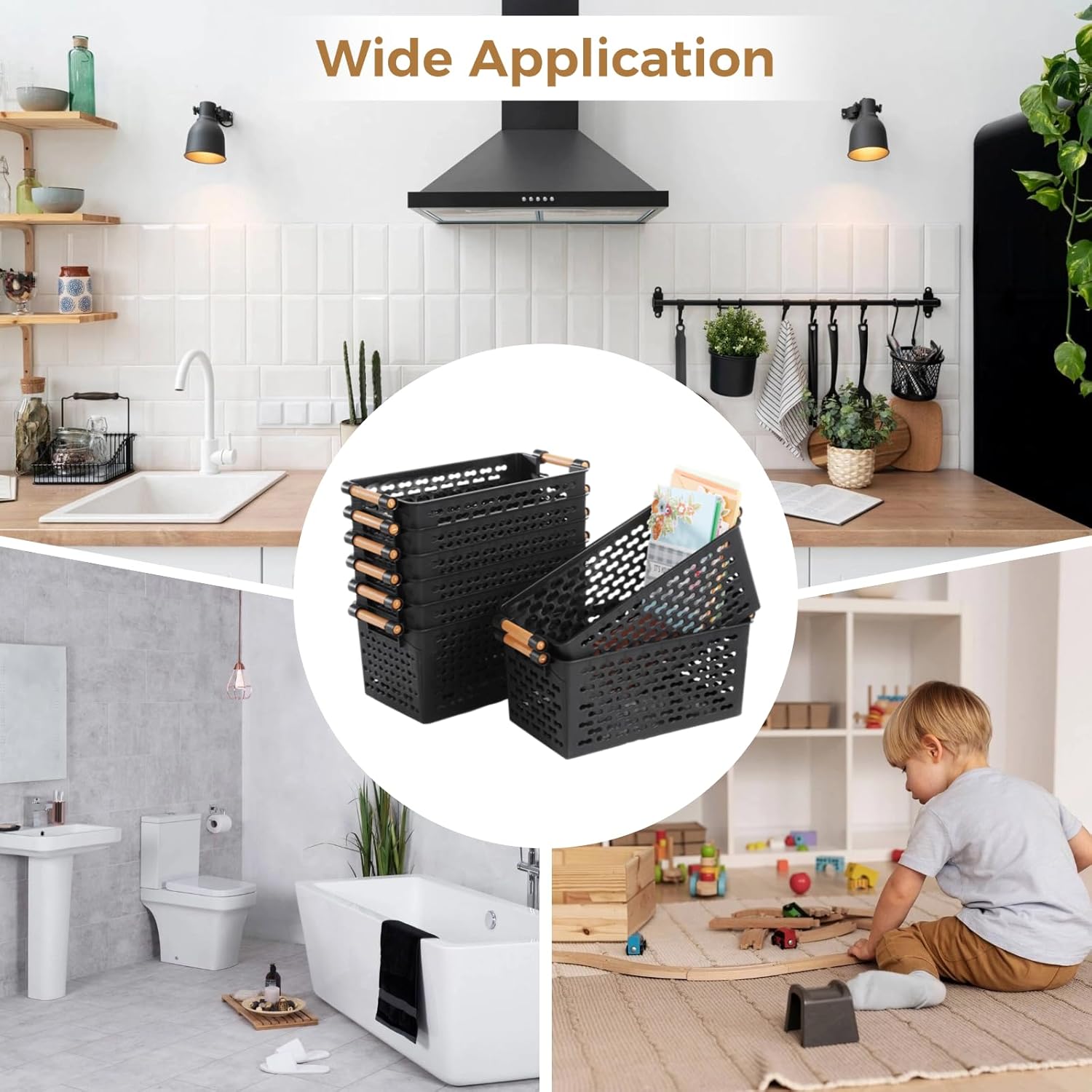 8 PCS Storage Baskets - 12 x 6 x 5 Inches Small Black Plastic Baskets with Handles, Nesting Organizers for Kitchen Shelves