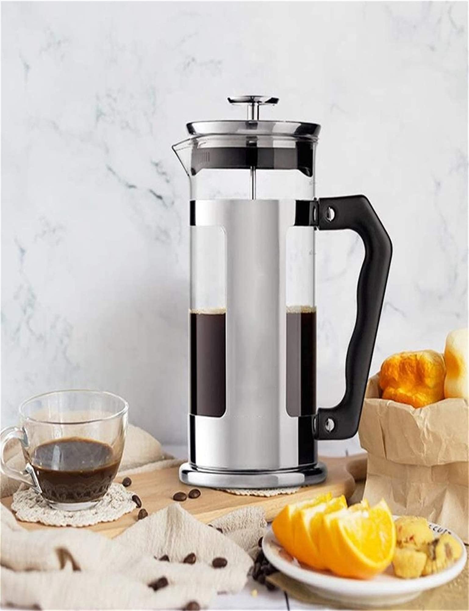 Cafetera de Prensa Francesa aislada | Cafetera de Acero Inoxidable de 4 Tazas para Verter el café | Vidrio de borosilicato Transparente de 940 ml
