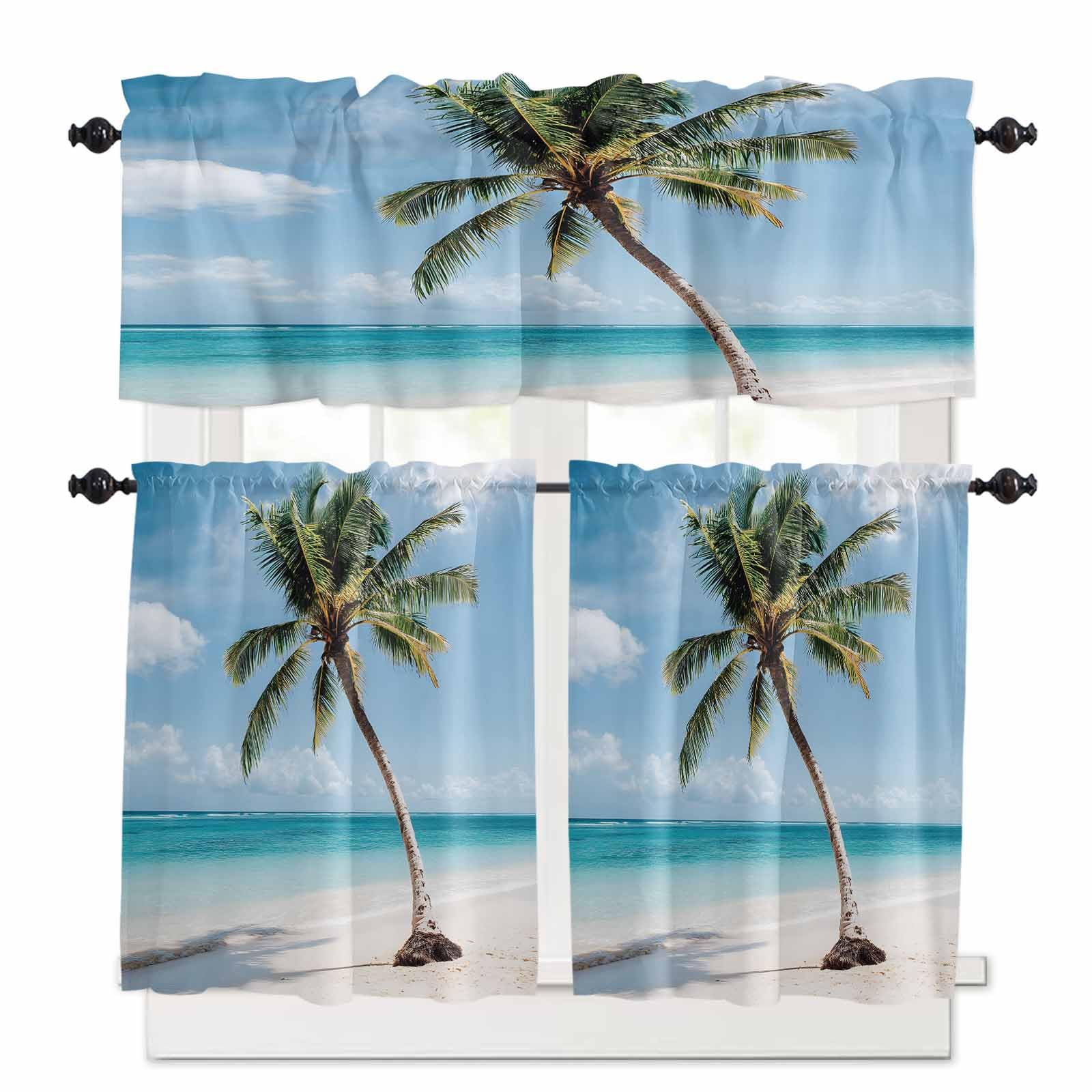 Summer Beach Kitchen Curtains 36 Inch Length, 3 Piece Rod Pocket Small Half Tiers and Valance Set, Botanical Tropical Tree Ocean Blue Sky Small Large Window Treatment Decor for Bedroom/Bathroom Sink