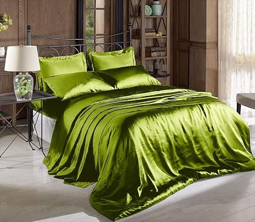 Miniatura 2 de Juego de sábanas de satén liso suave y sedoso, 3 piezas, 1 sábana encimera y 2 fundas de almohada (verde, completo)