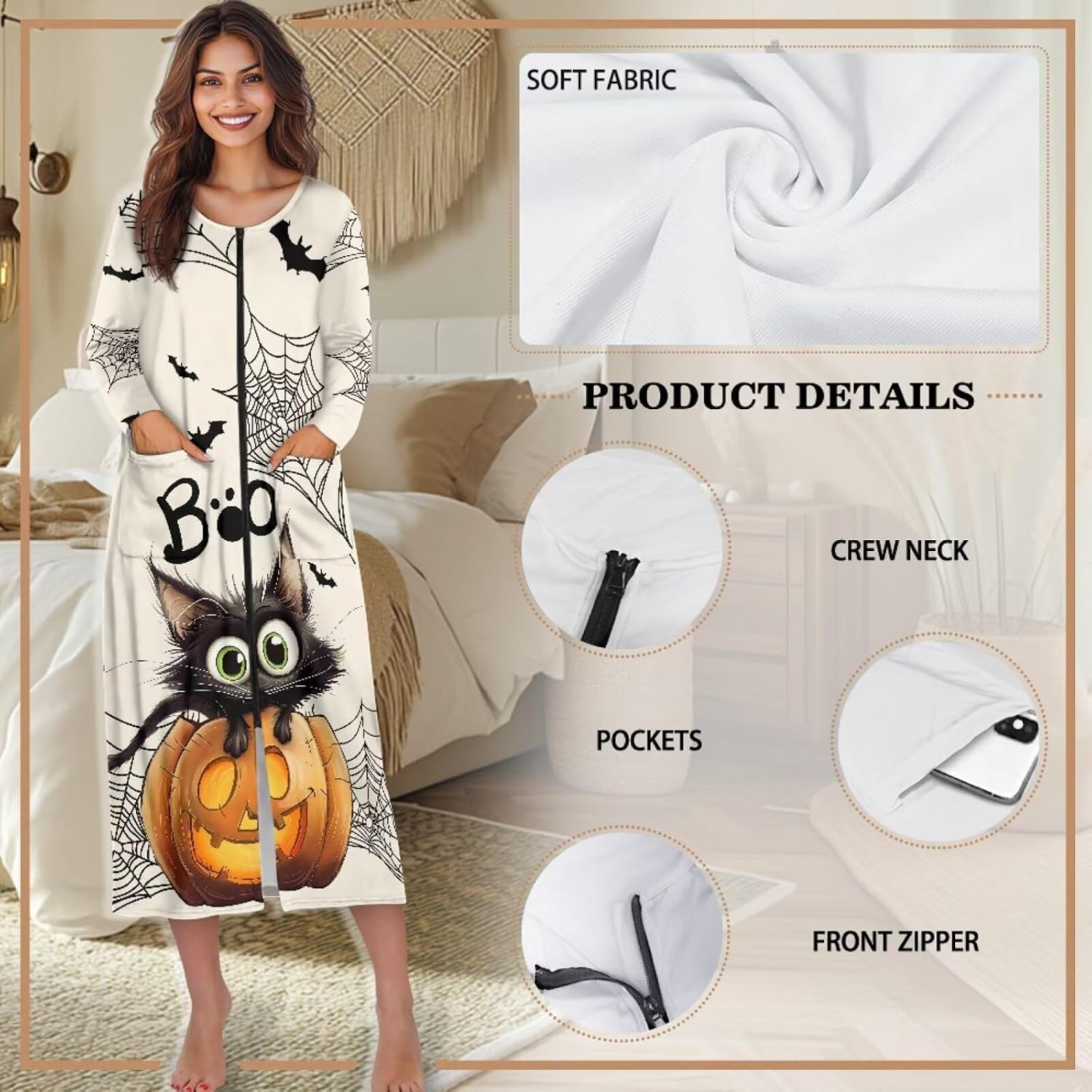 Talayituse Women Zipper Robe Long Sleeve Nightgowns House Dresses for Women Crew Neck Nightwear Dress Sleepwear with Pockets