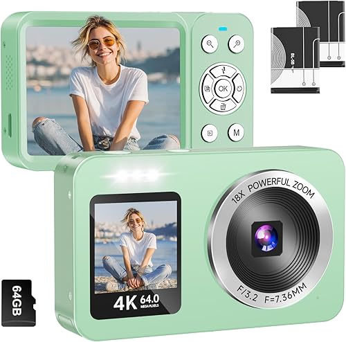 Cámara digital, cámara de doble pantalla 4K 64MP UHD, zoom de 18X, cámaras digitales portátiles para apuntar y disparar con tarjeta TF de 64 GB, 2