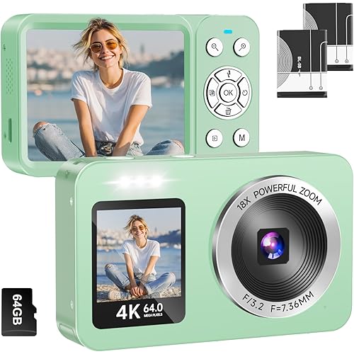 Digital Camera, 4K 64MP UHD Dual Screens Camera, 18X Zoom, Portable Small Point and Shoot Digital Cameras with 64GB TF Card, 2 Rechargeable Batteries for Kids, Teens, Adult, Selfies, Gifts- Green