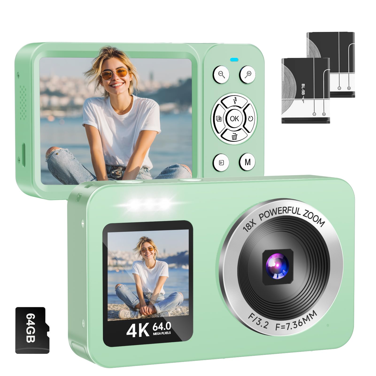 WABL Digital Camera, 4K 64MP UHD Dual Screens Camera, 18X Zoom, Portable Small Point and Shoot Digital Cameras with 64GB TF Card, 2 Rechargeable