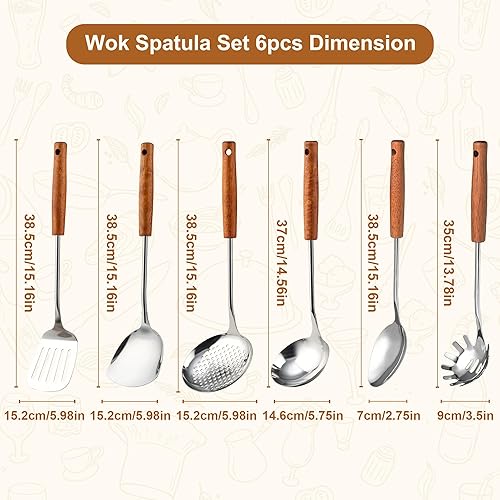 Miniatura 2 de FJNATINH Espátula Wok, espátulas ranuradas, cucharón, juego de herramientas de cucharón de espumadera, utensilios de cocina de acero inoxidable de