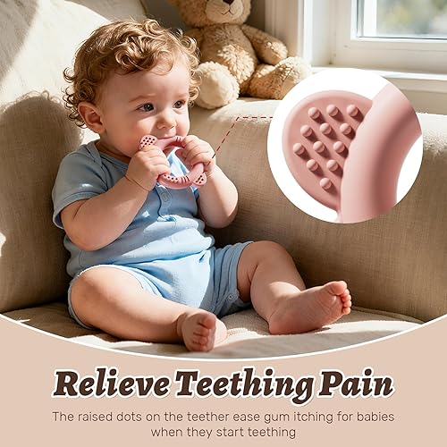 Miniatura 5 de NCVI Juego de 4 anillos de dentición de silicona para bebés de 0 a 6 meses, juguetes de dentición para bebés con crestas, mordedores pequeños para