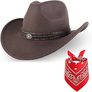 Jaenrida Unisex Western Cowboy Hat Coffee Brown, Felt Hat Outdoor Wide,Brimmed Cowboy Hat with Tie,Back Design, with a Red...