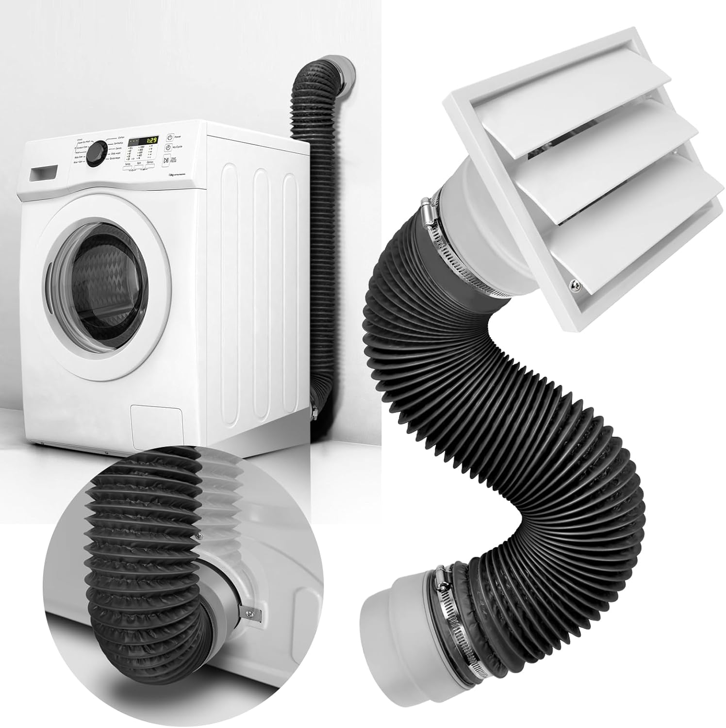 Upgraded 3 in 1 Dryer Vent Kit,include 8 feet Dryer Vent Hose for Tight Space, Dryer Vent Cover Outside for Wall and the Special Sealing and non-fall off 4 inch Flexible Hose Connectors