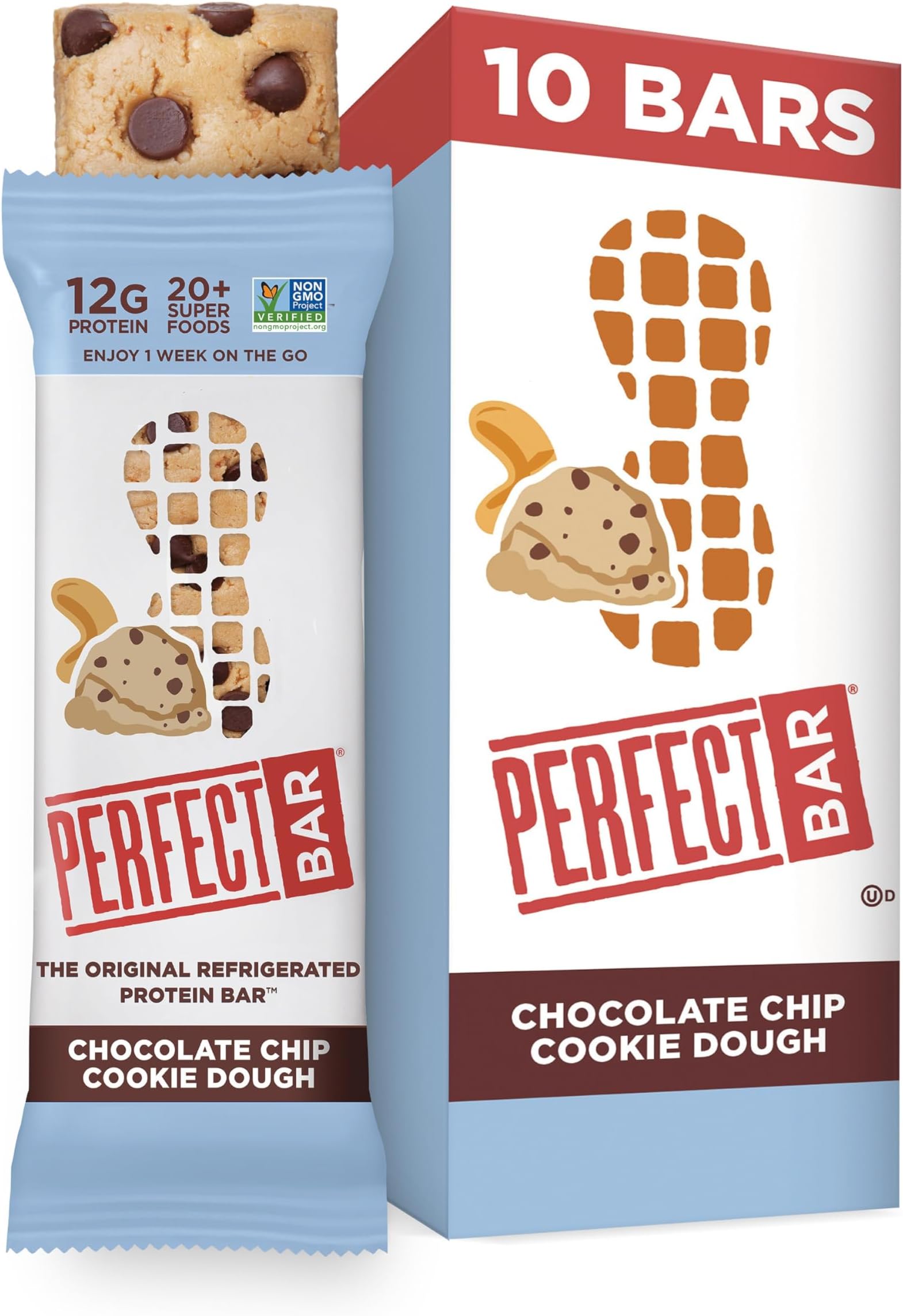 Perfect Bar, Chocolate Chip Cookie Dough Protein Bar, Gluten Free, Soy Free, Non GMO, No Sugar Alcohols, 2.2 Ounce Bar, 10 Count