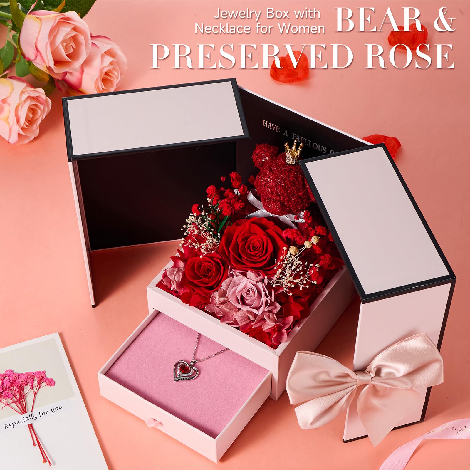 Rose Eternelle Cadeau pour Femme pour la Fête des Mères | Roses Uniques Conservées Fleurs avec Ours Rose et Collier Cadeaux pour Maman,Épouse,Grand-Mère | Anniversaire,Fête des Mères,Anniversaire