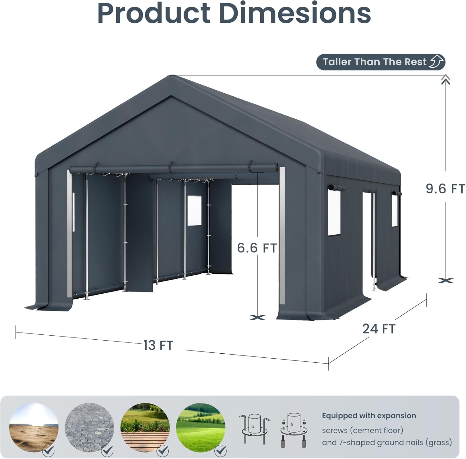 PHI VILLA 13x24x9.6 Outdoor Portable Storage Shelter Shed Garage with Roll up Zipper Doors Vents Carport for Motorcycle Waterproof and UV Resistant Anti-Snow Portable Garage Kit Tent, Gray PHI VILLA 13x24x9.6 Outdoor Portable Storage Shelter Shed Garage with Roll up Zipper Doors Vents Carport for Motorcycle Waterproof and UV Resistant Anti-Snow Portable Garage Kit Tent, Gray