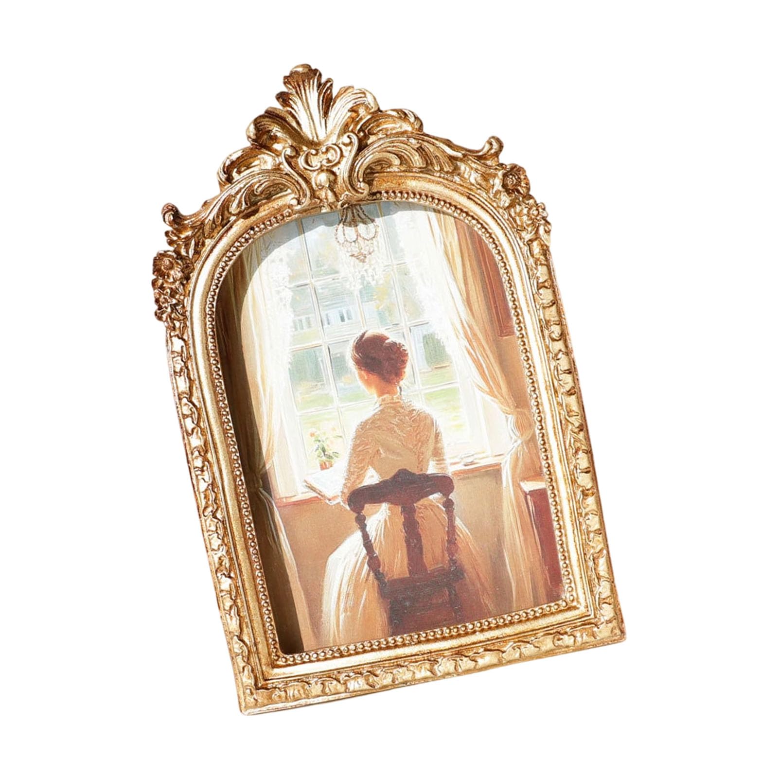 Handcrafted Golden Carving Arch Top Picture Frame with Stand and Hook for Wall or Tabletop Decoration European Antique Photo Frame