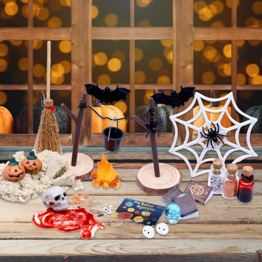 Kit Décoration Maison De Poupée Halloween Miniature Bois Jaune - Porte Lutin, Araignée, Chauve-Souris, Citrouille Et Accessoires