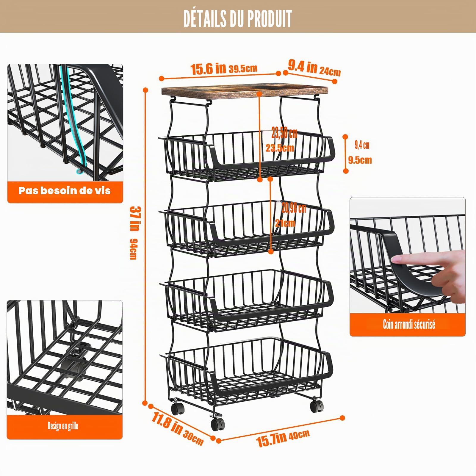 5 Niveaux Organisateur de Cellier Panier à Fruits et Légumes pour Cuisine, pour Étagère, Cuisine, Fruits, Légumes et Salle de Bain Chariot De Rangement à Roulettes