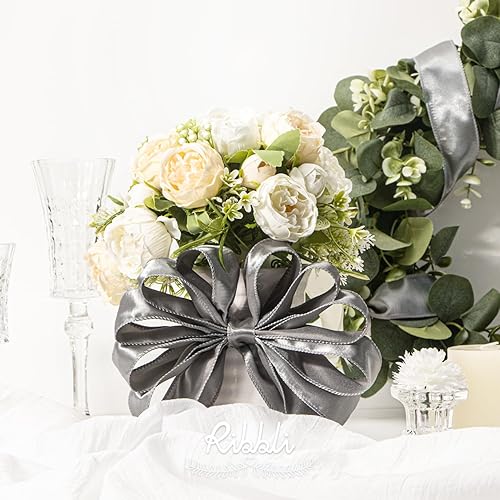 Miniatura 8 de Ribbli Cinta de satén azul con alambre de 1.5 pulgadas, cinta de Navidad azul polvoriento claro para envolver regalos, coronas, guirnaldas,