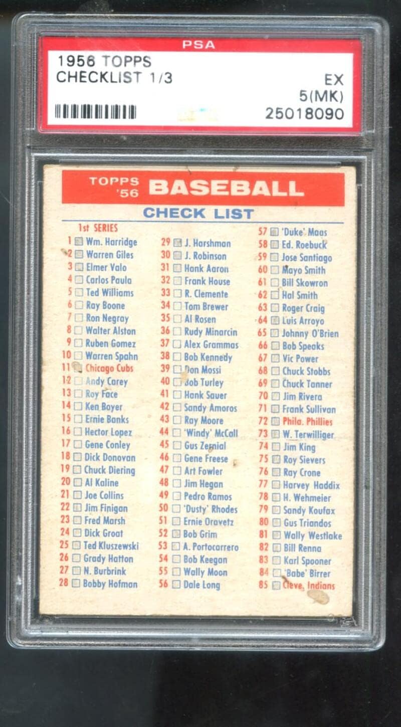 1956 Topps Checklist 1/3 1st 3rd Series First Third PSA 5 (MK) Graded Baseball Card MLB