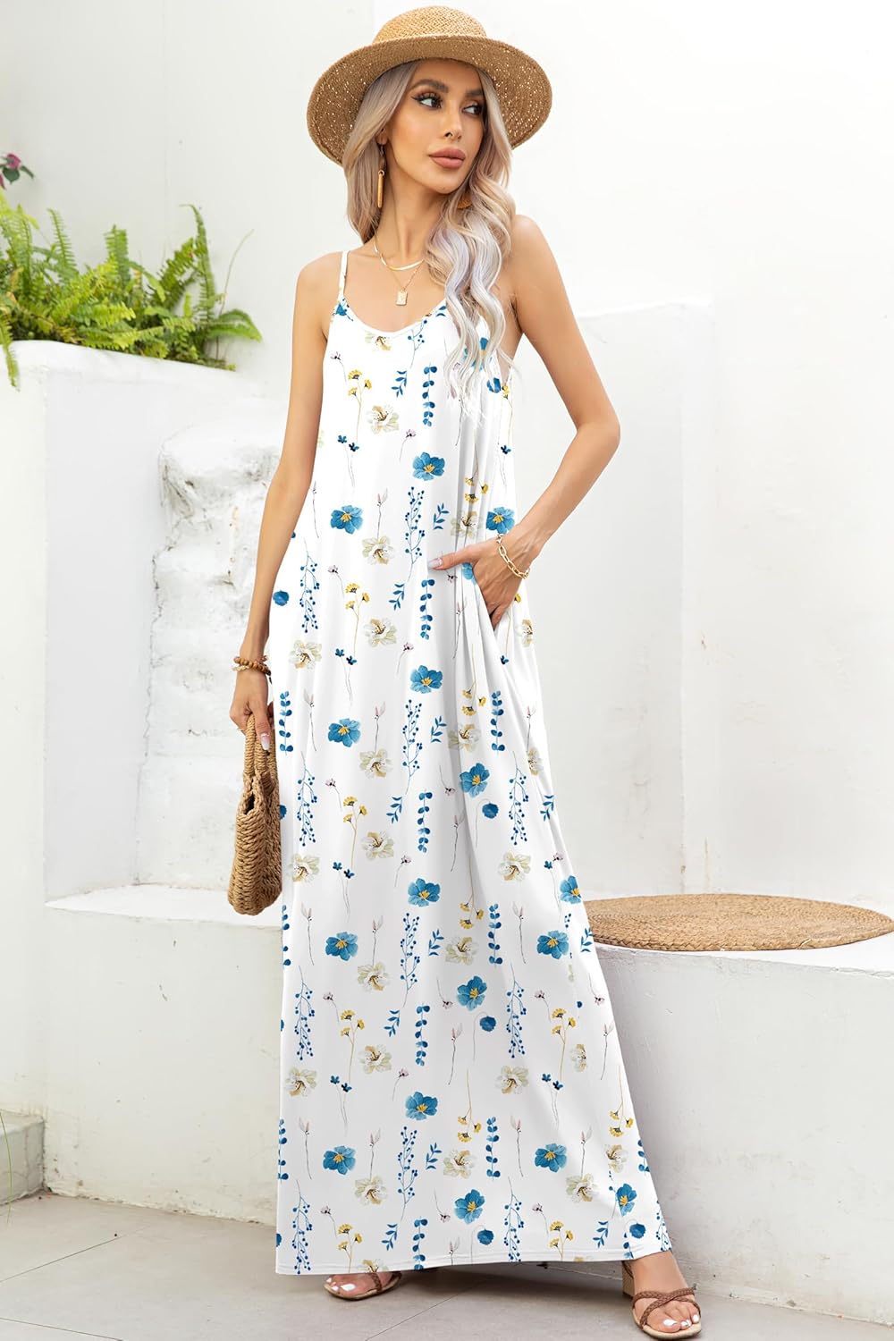 Women's Summer Casual Sleeveless V Neck Strapy Loose Dresses Beach Cover Up Long Cami Maxi Dress with Pockets - Image 5