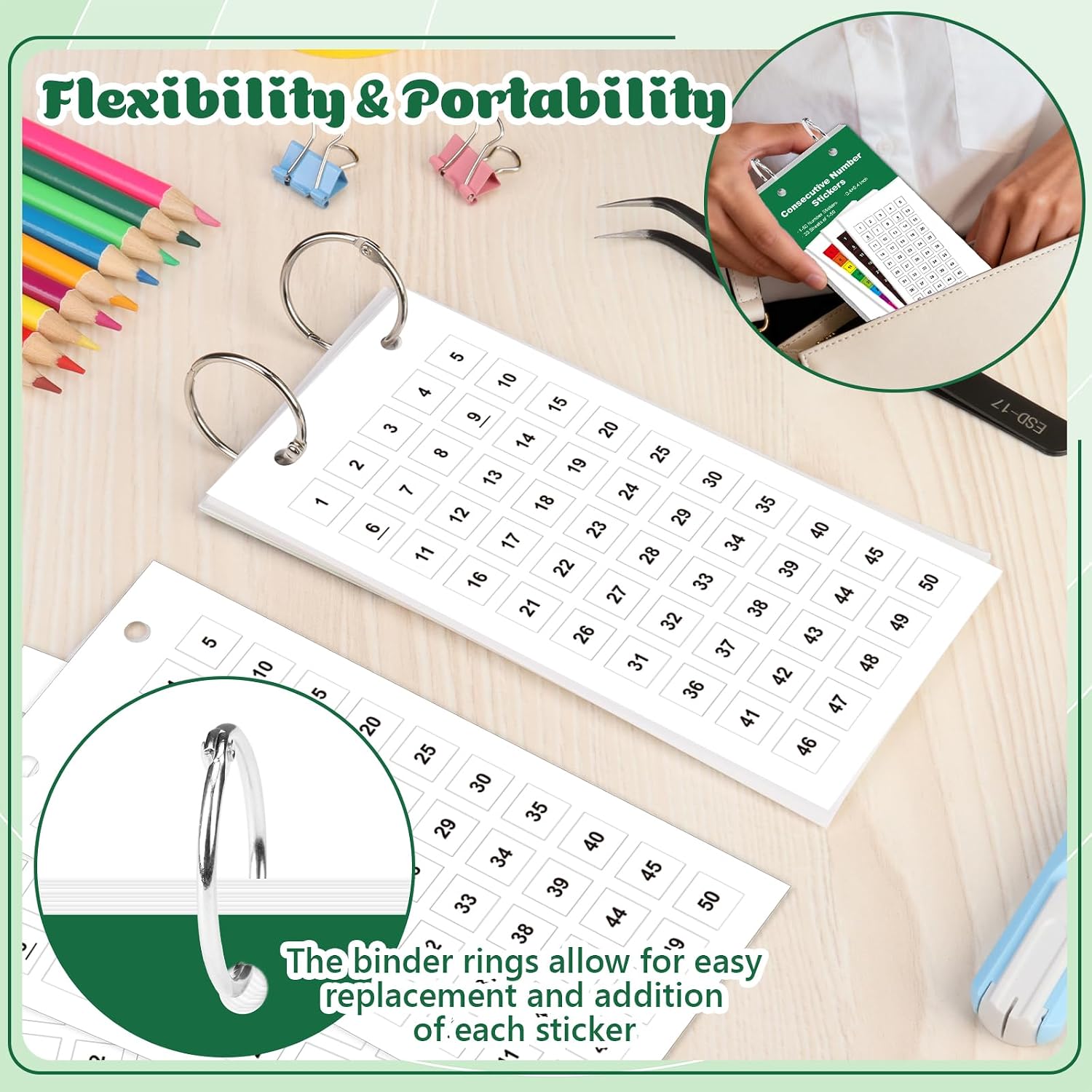 1000 Pcs Consecutive Number Stickers 1-50 20 Sheets 0.4 inch White Square Small Number Stickers Self-Adhesive with Green Hardcover Silver Ring Curved Pointed Tweezers Number Labels