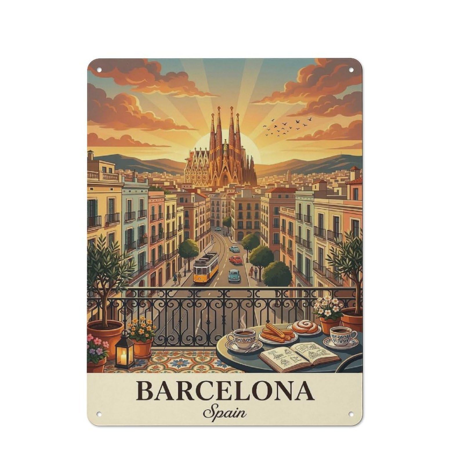 Barcelona Cityscape with Sagrada Familia(2) Warehouse Style Metal Wall Decor 40x30cm, Metal Wall Sign for Workspace, Cafe, Hallway Or Garage