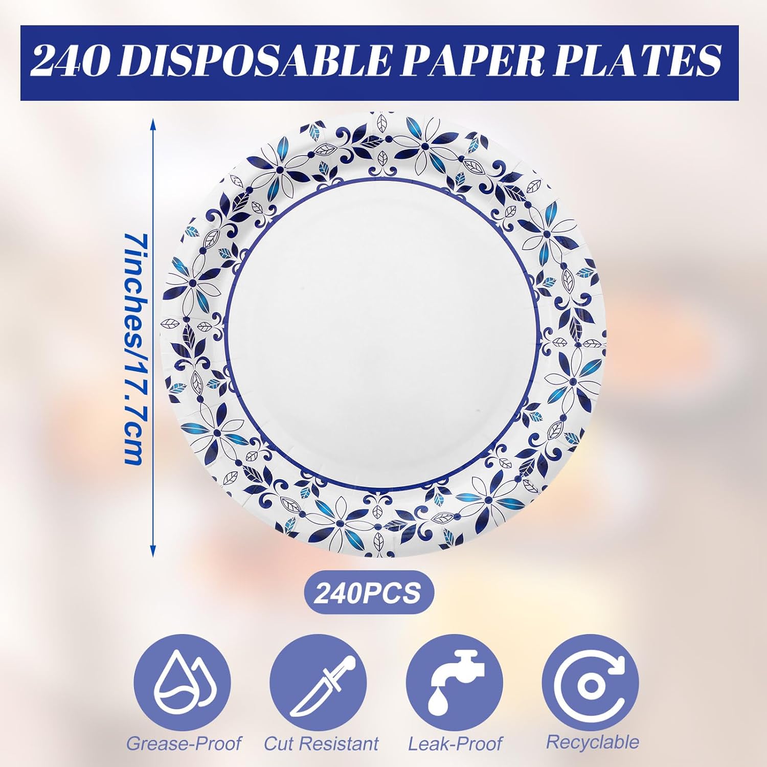 400 Pack 7 Inch Disposable Paper Plates for Everyday Use Soak Proof Heavy Duty Small Paper Plates for Dinner Picnic, Cut Proof Plate for Holiday Party Family Gatherings(Blue and White)