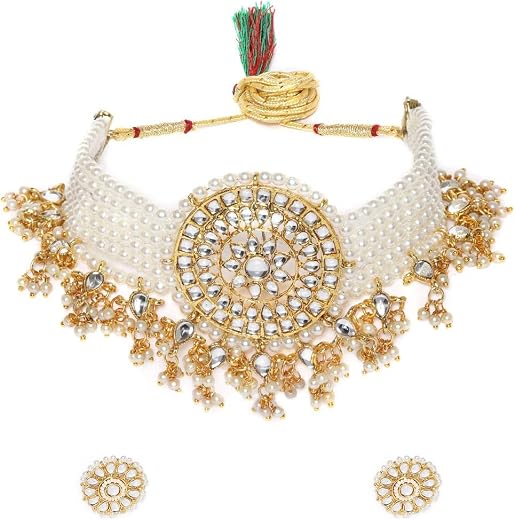 ZAVERI PEARLS Gold Tone Kundan &amp; MultiStrand Pearls Choker Necklace &amp; Earring Set For Women-ZPFK9805