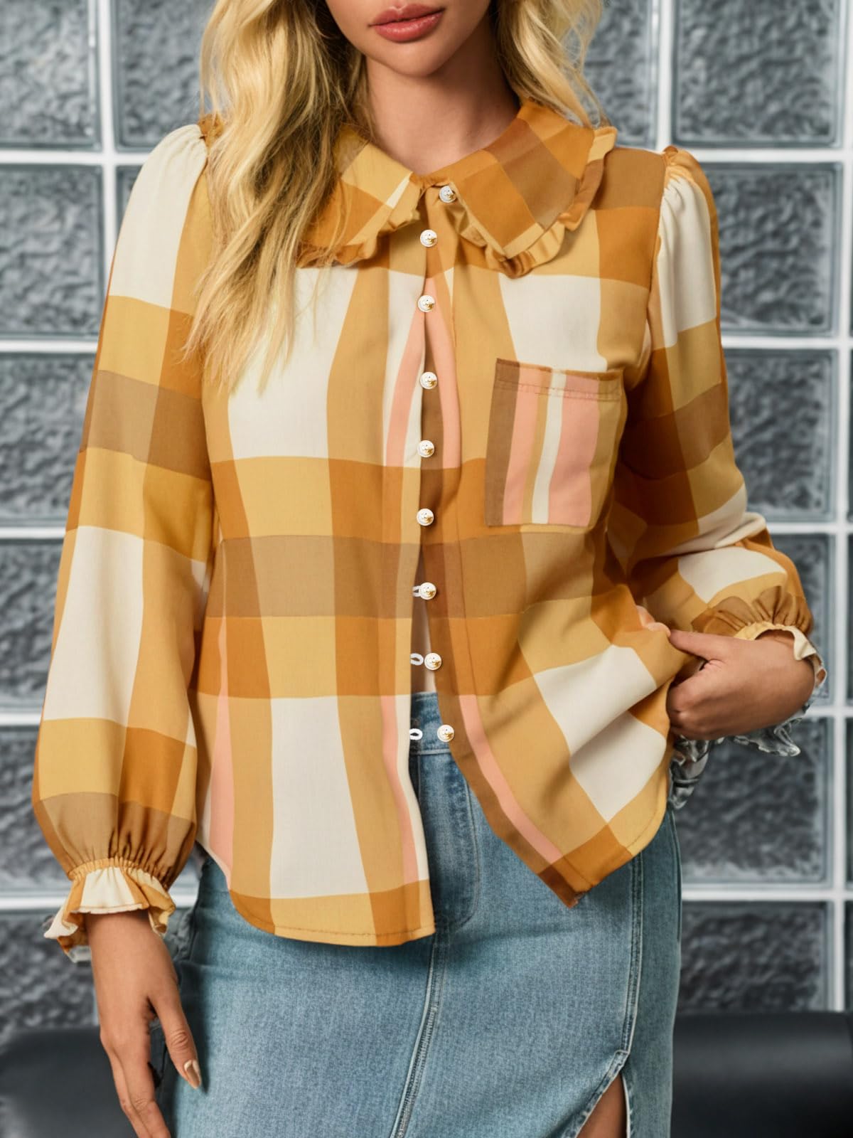 Tankaneo Camicetta da donna a maniche lunghe con colletto alla Peter Pan, a quadri, elegante, casual, autunnale