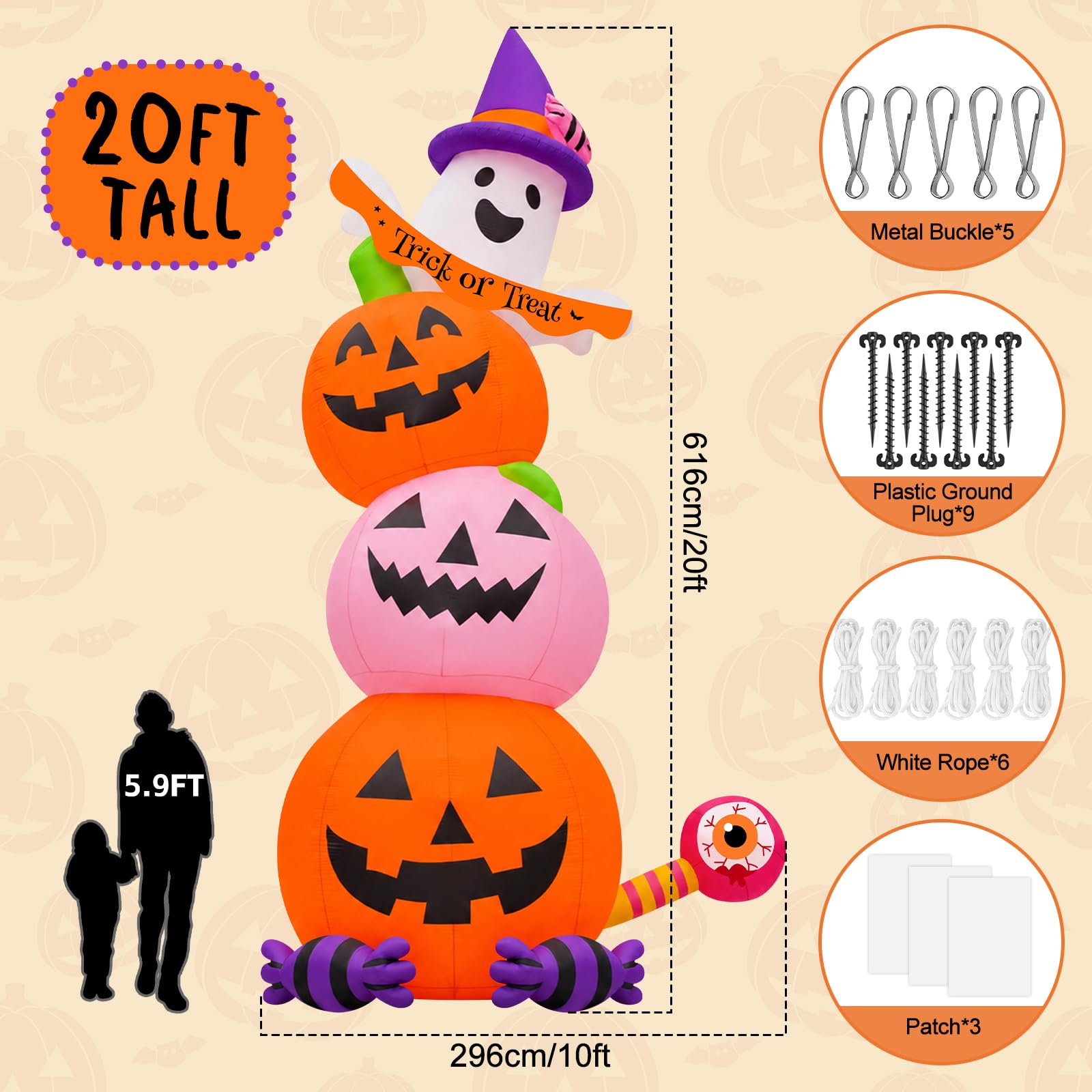 Kalolary Wysoka gigantyczna dynia Halloween nadmuchiwana dekoracja 20FT