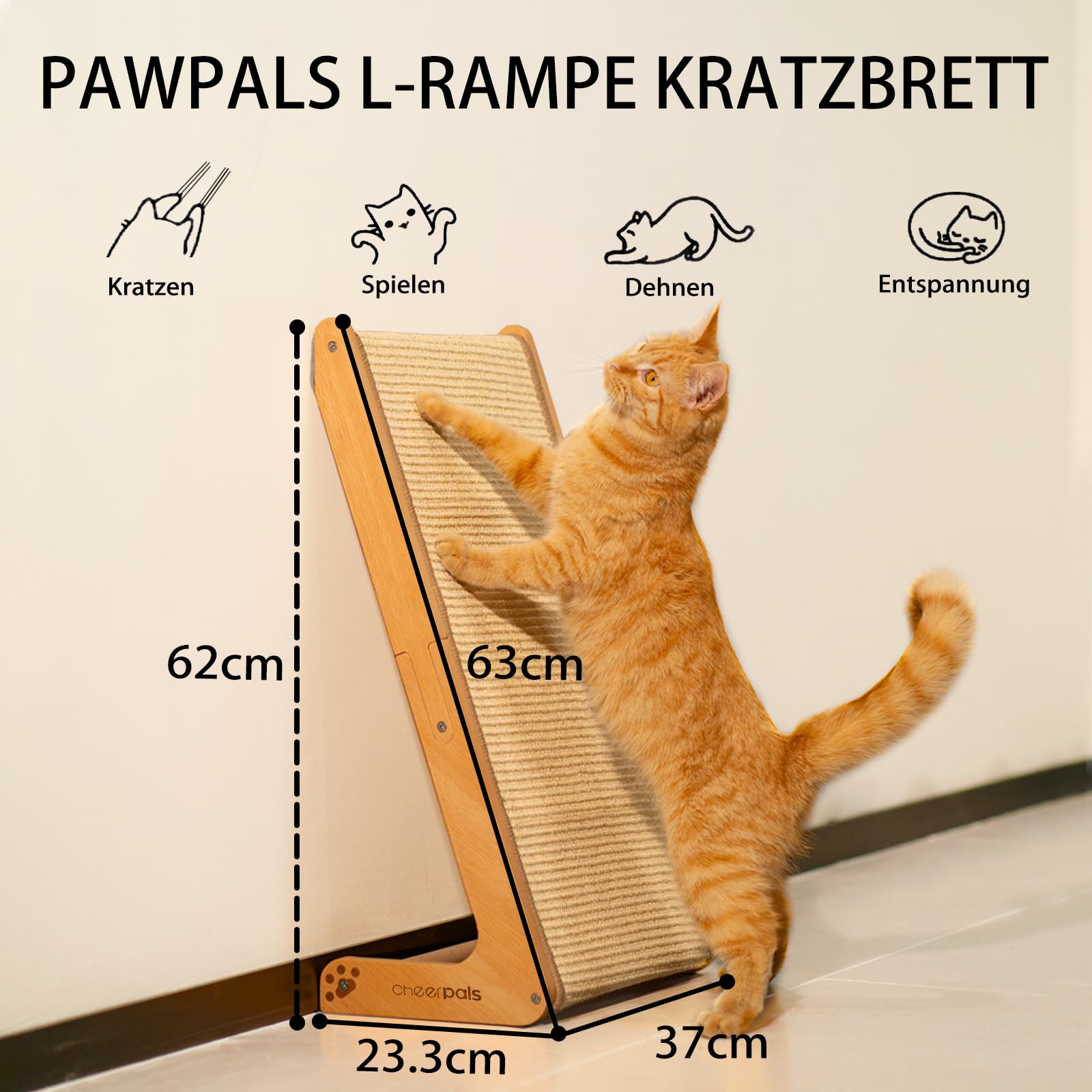 CheerPals Dual-Use Sisal Kratzbrett Katzen- Large 63cm H, Massivholz Buche & Natürliche Sisal Kratzsäule Katze, L-förmige Kratzmöbel für alle Katzen Spielen, Entspannen