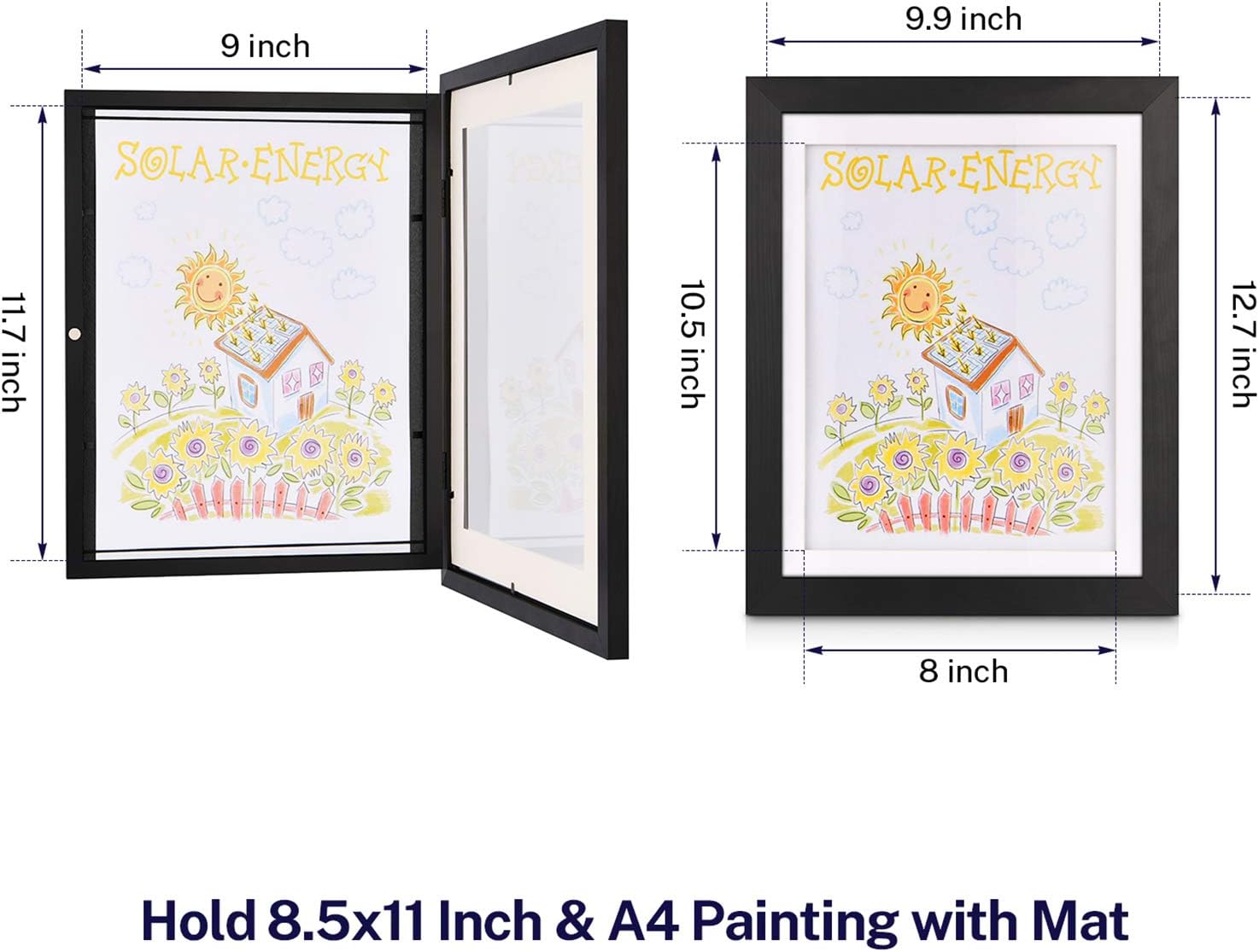 ONE WALL Kids Artwork Picture Frame Display 8.5x11 with Mat or 9.9x12.7 Without Mat, Black Wood Frame with Tempered Glass Front Opening for Kids Drawings, Artworks, Art Projects, Schoolwork, 2-Pack