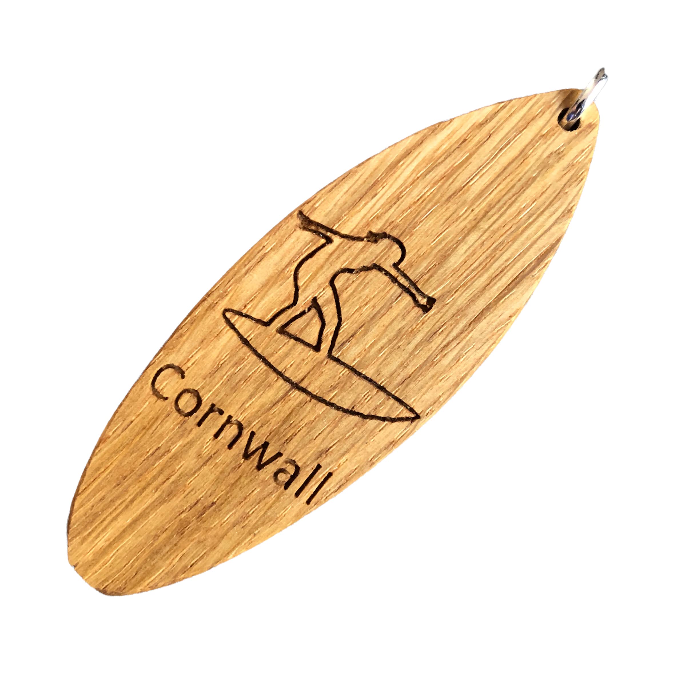 Wooden surf board shaped keyring, solid wood keychain engraved surfer Cornwall