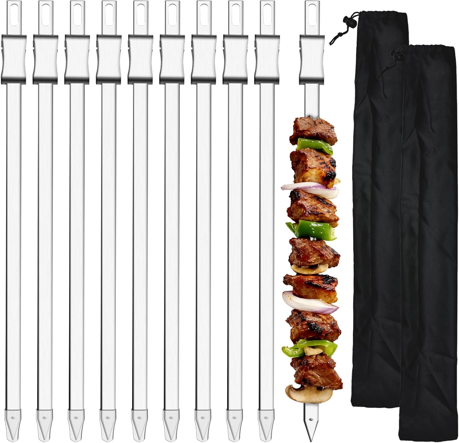 10 Pack Kabob Skewers for Grilling, 20 inch Flat Metal Skewers for Kabobs with Removable Slider, Thick Stainless Steel Kebab Sticks Reusable for Shish, Koobideh, Chicken, Meat and Vegetable
