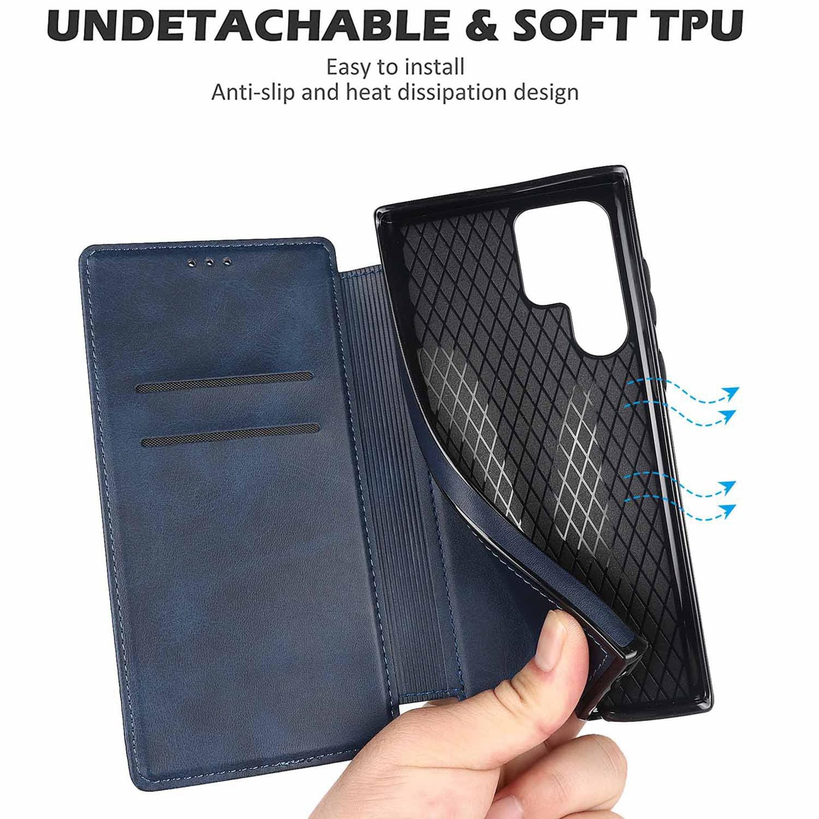 Składane etui do Samsung Galaxy S23 Ultra/S23 Plus/S23, ultracienkie, biznesowe skórzane etui z podstawką, miękkie, odporne na zarysowania i przegródki na karty, etui na telefon komórkowy, niebieskie,