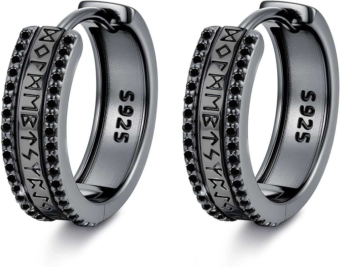 REDSUN Hoop Earrings for Men Women 925 Sterling Silver Silver/Gold/Black Huggie Earrings Hypoallergenic Celtic Rune Jewelry for Him Her Birthday Gifts